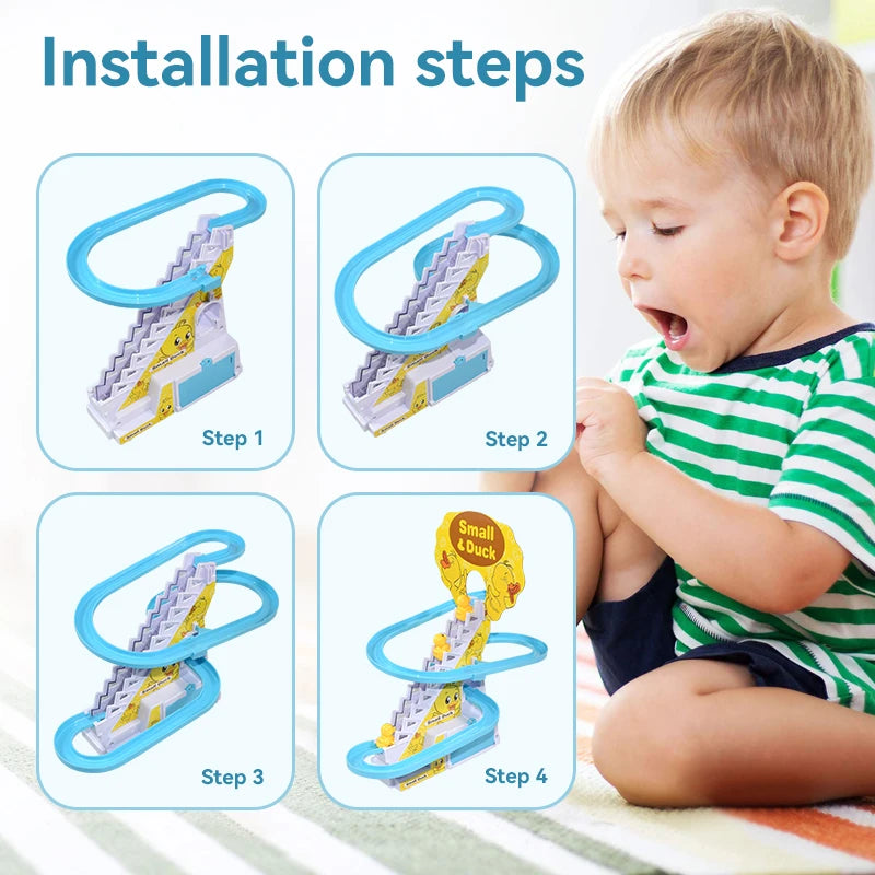 Electric Duck Climbing Stairs Track Toy – DIY Musical Slide Coaster Toy for Kids - Kidz Garage