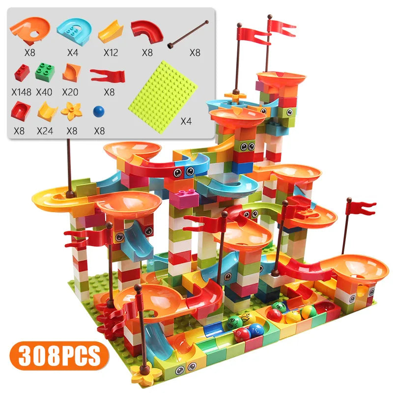 Marble Race Run DIY Building Blocks – 77 to 308 Pieces Compatible Brick Set for Kids - Kidz Garage
