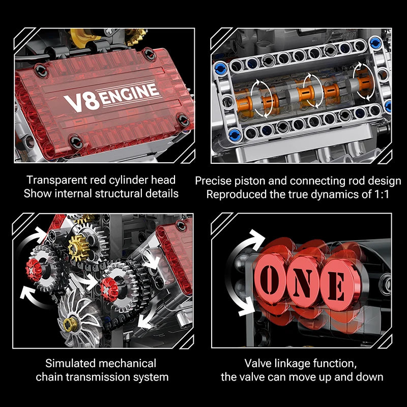 Motorized V8 Engine Simulation Model – 478PCS STEM Building Block Kit - Kidz Garage