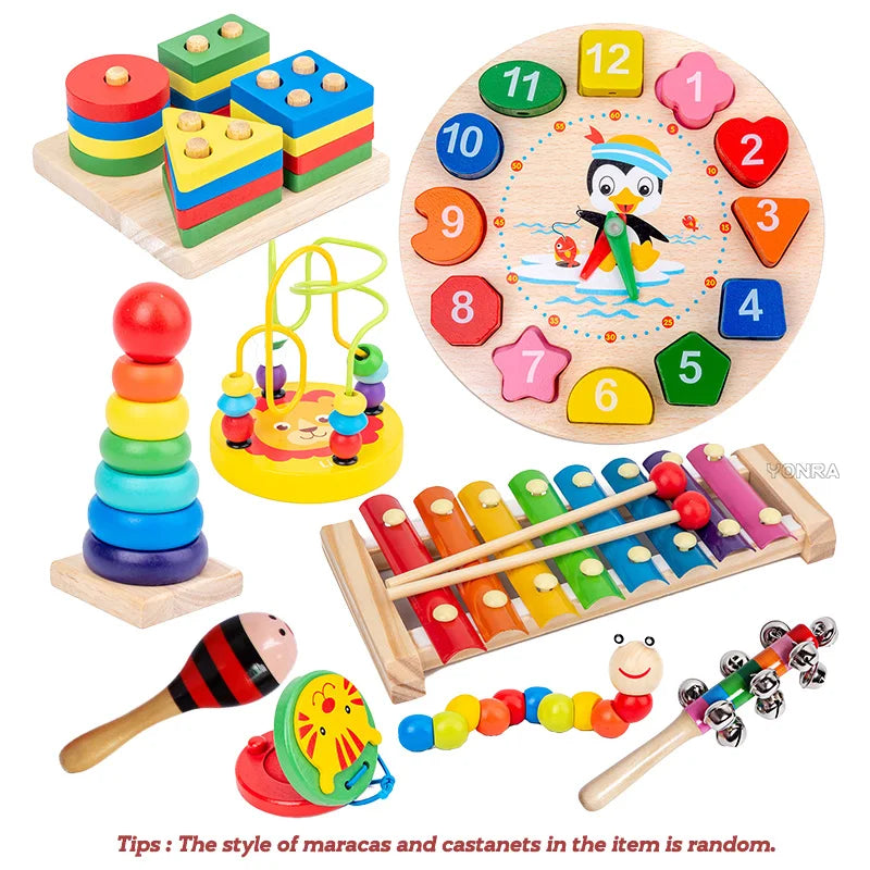 9-in-1 Wooden Montessori Musical Toy Set – Sensory Rattle, Bell, Drum & Early Learning - Kidz Garage
