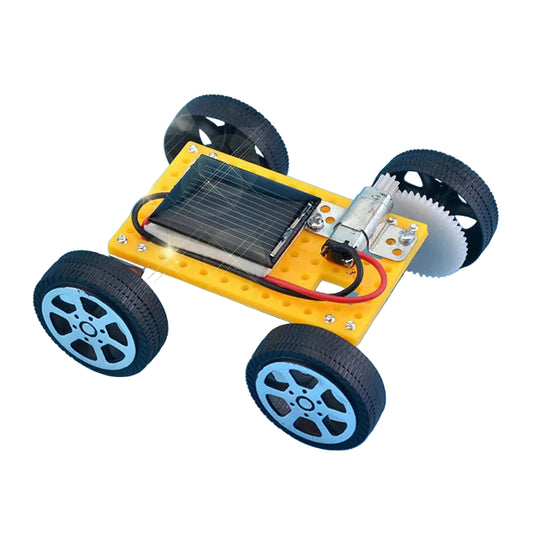 Solar-powered car kit with solar panel and wheels on a blue background